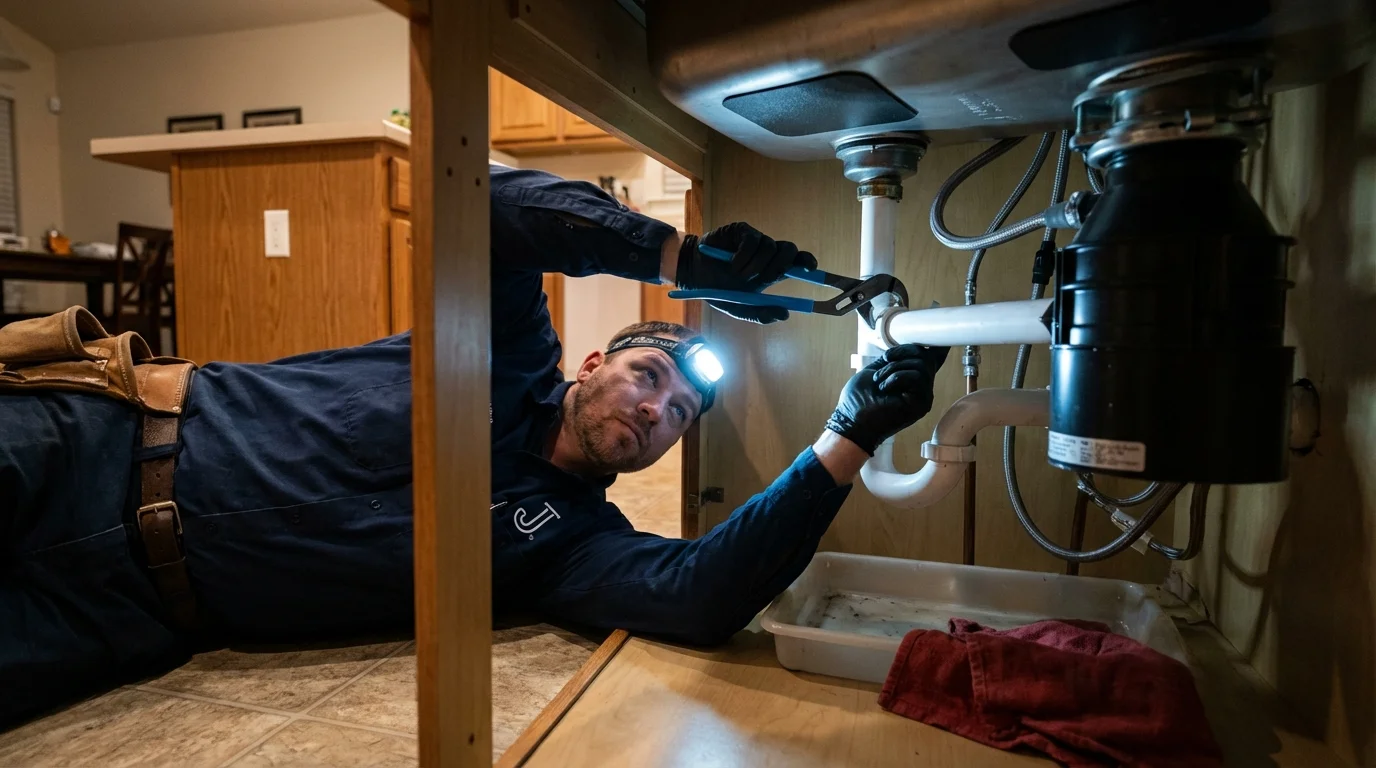 P-trap and supply line connections under a kitchen sink showing a common leak point in Phoenix, OR